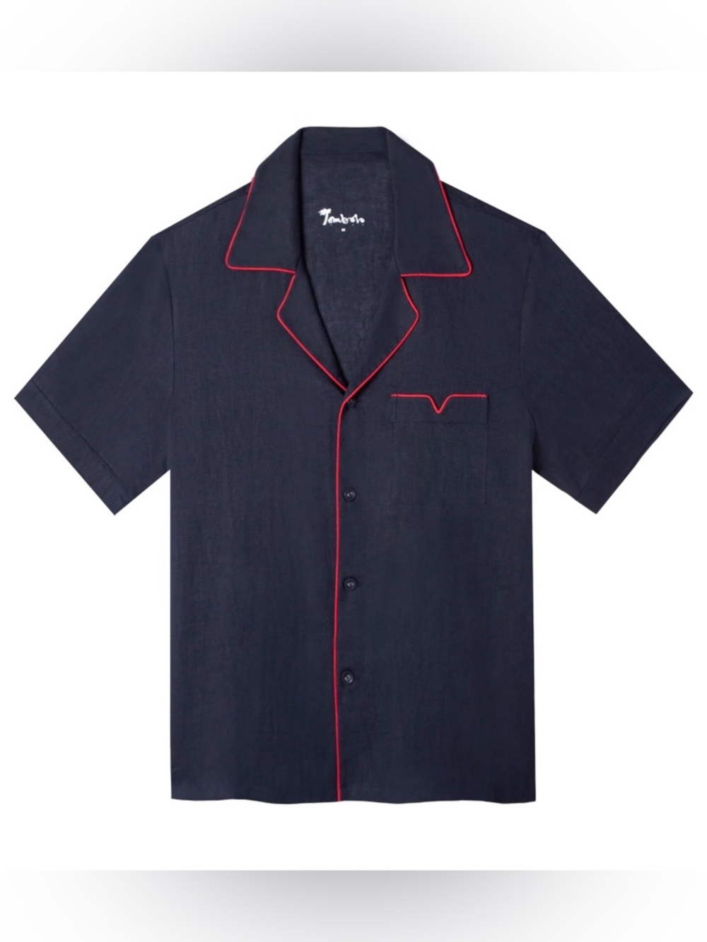 Tombolo Solid Navy Linen Cabana Shirt in Navy with Red Piping Small